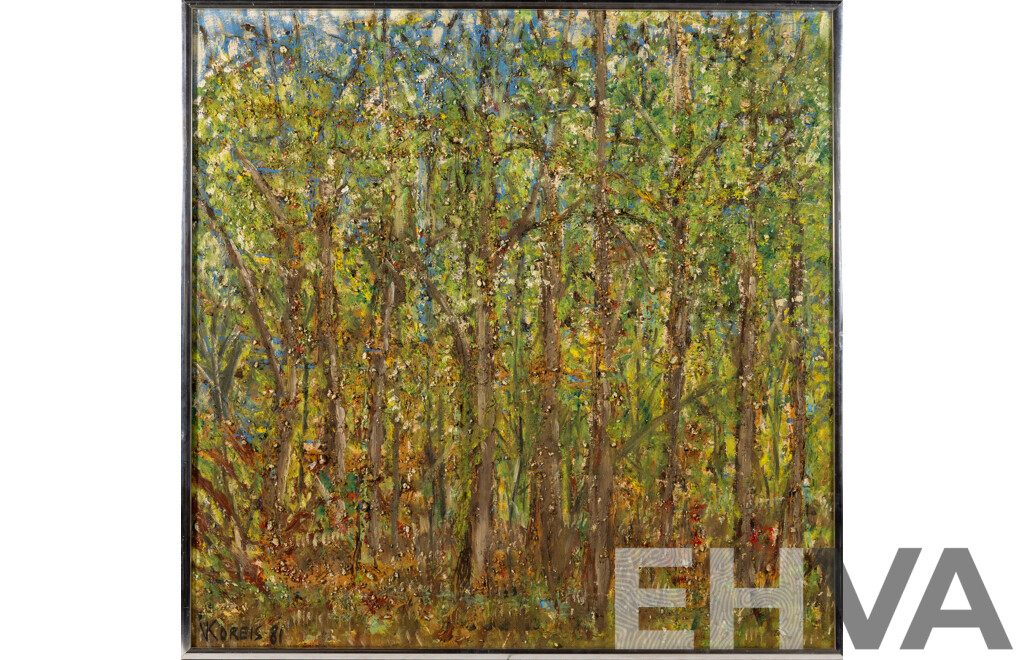 Voyen Koreis, (20th Century, British-Born Australian, 1943-2022), Trees (1981), Mixed Media Acrylic and Natural Stones on Board, 77 x 77 cm (frame)