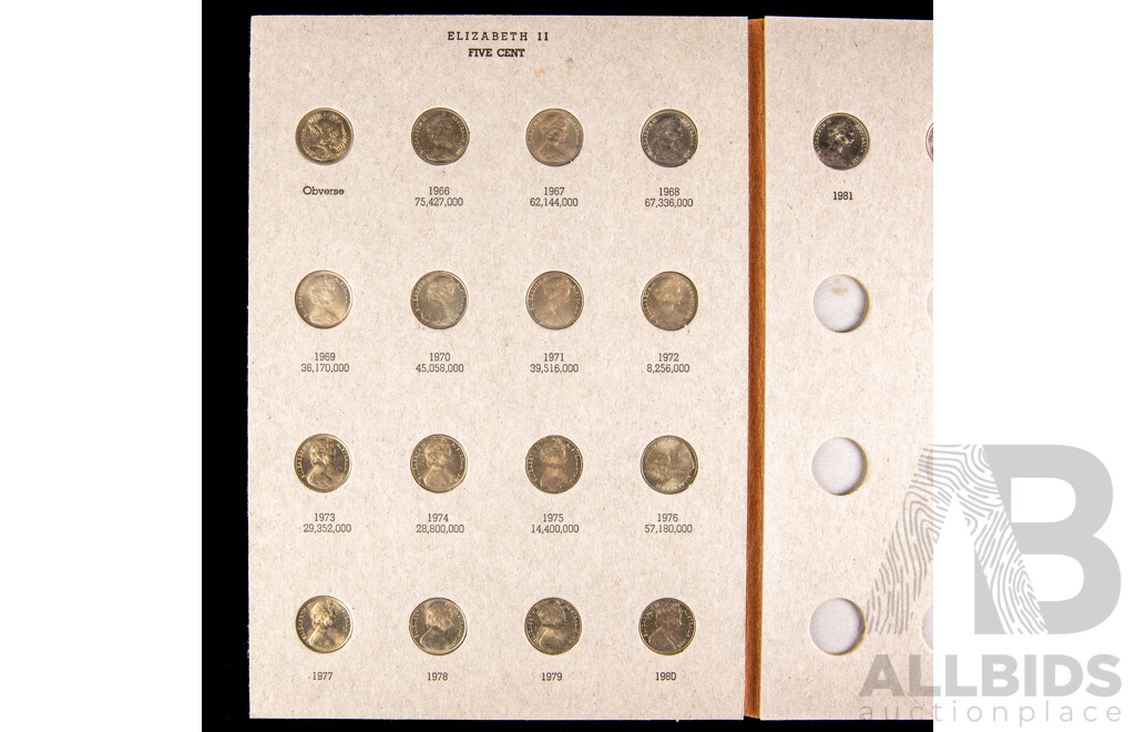 Australian 1966-1981 Five and Ten cent coins, 17 of each in Dansco album.