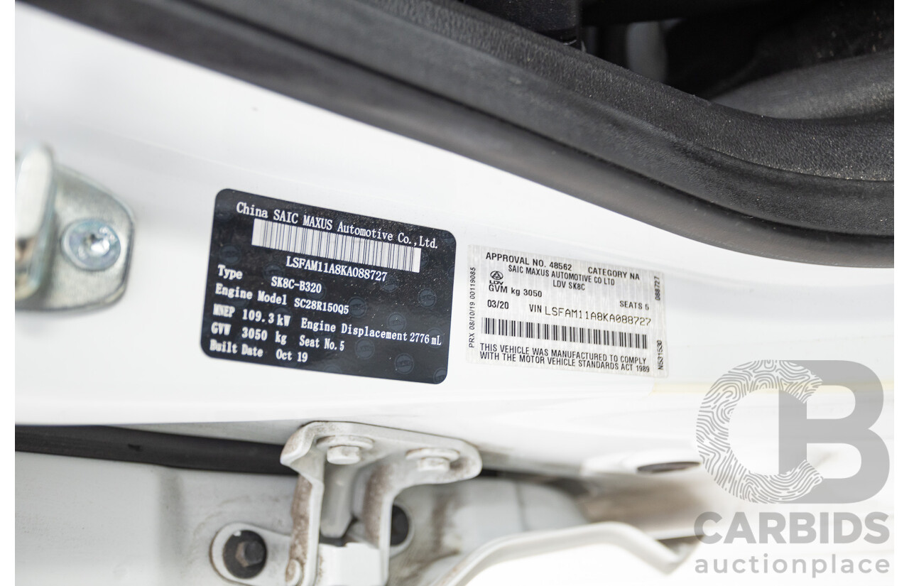 02/2020 LDV T60 PRO (4x4) SK8C Double Cab Utility White Turbo Diesel 2.8L