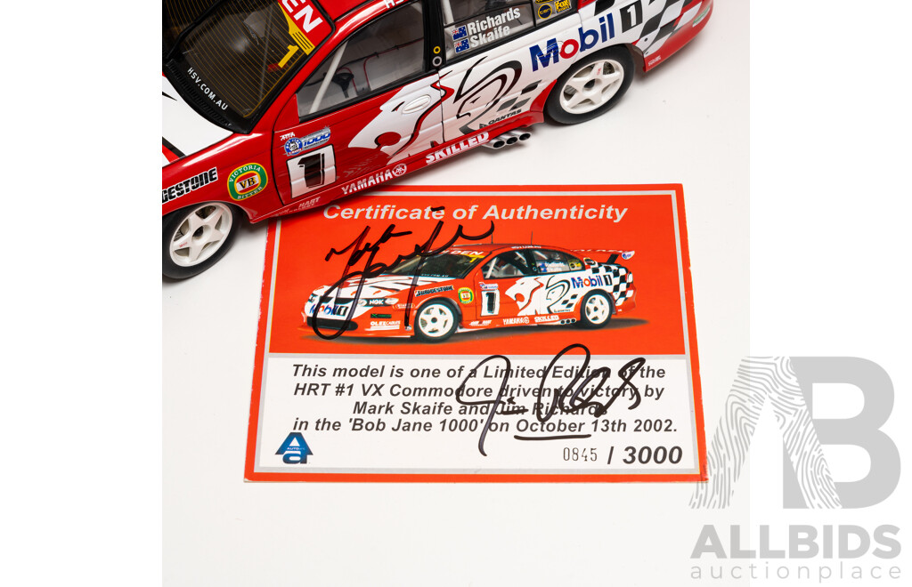 Signed AutoArt Holden VX Commodore V8 Supercar 2002 Bob Jane 1000 Winner #1 Mark Skaife/Jim Richards Holden Racing Team 1:18 Scale Model Car - COA Included