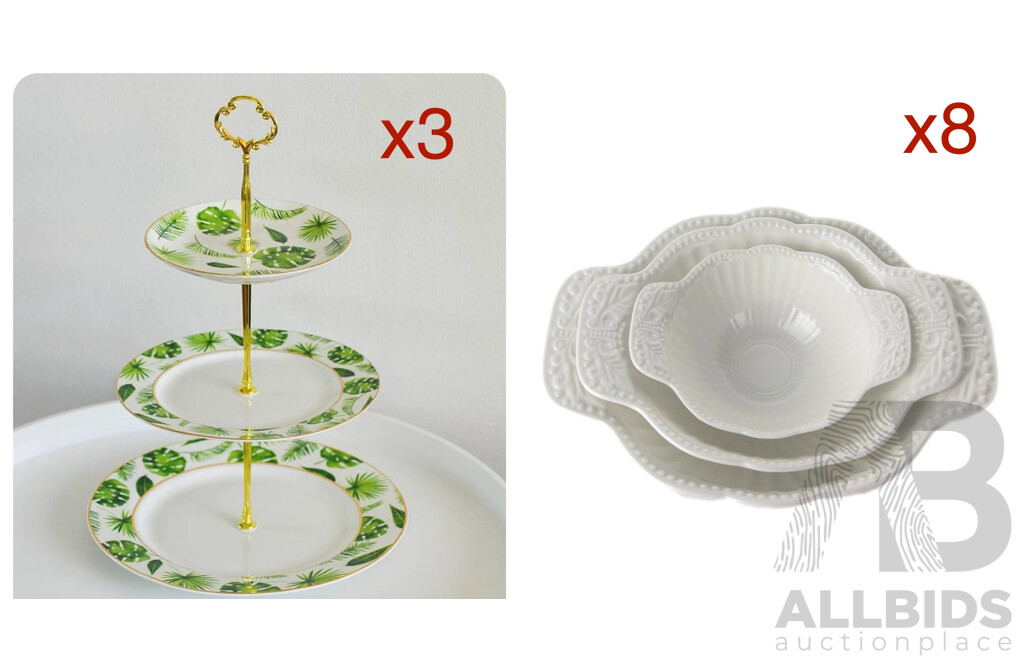 Tropical Leaf 3 Tier Porcelain Cake Stand Serving Plate X3 & White Ornate Embossed Ceramic Dessert Set X8