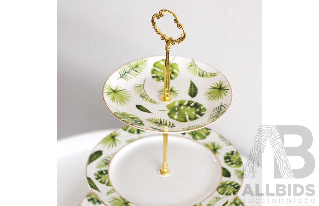 Tropical Leaf 3 Tier Porcelain Cake Stand Serving Plate X3 & White Ornate Embossed Ceramic Dessert Set X8