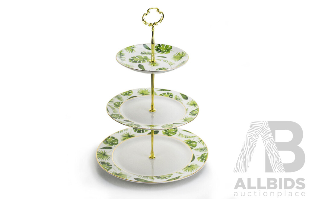 Tropical Leaf 3 Tier Porcelain Cake Stand Serving Plate X3 & White Ornate Embossed Ceramic Dessert Set X8