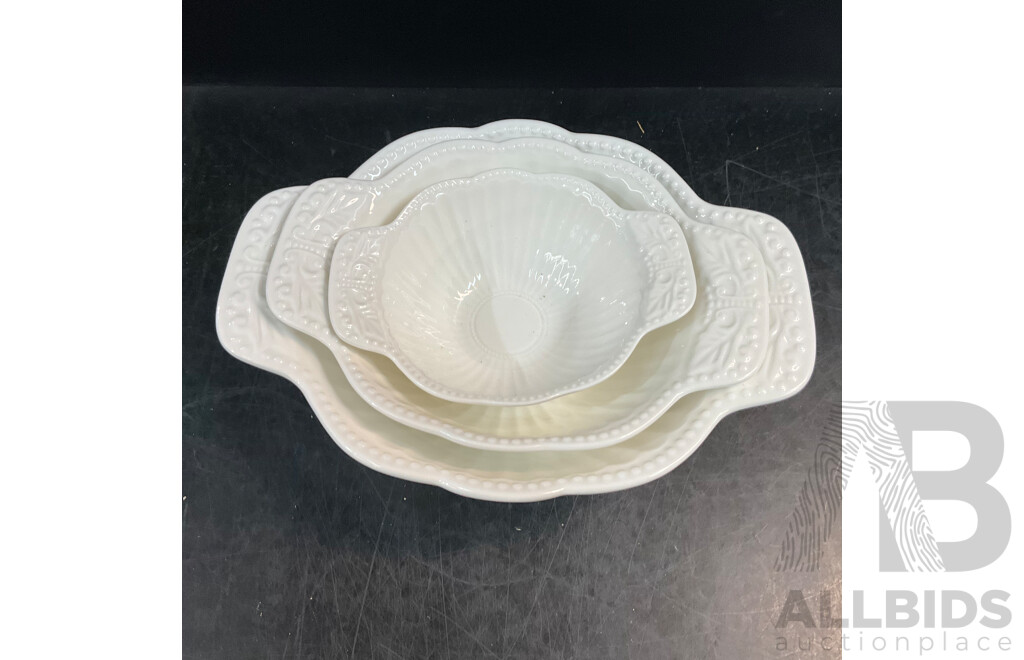 Tropical Leaf 3 Tier Porcelain Cake Stand Serving Plate X3 & White Ornate Embossed Ceramic Dessert Set X8