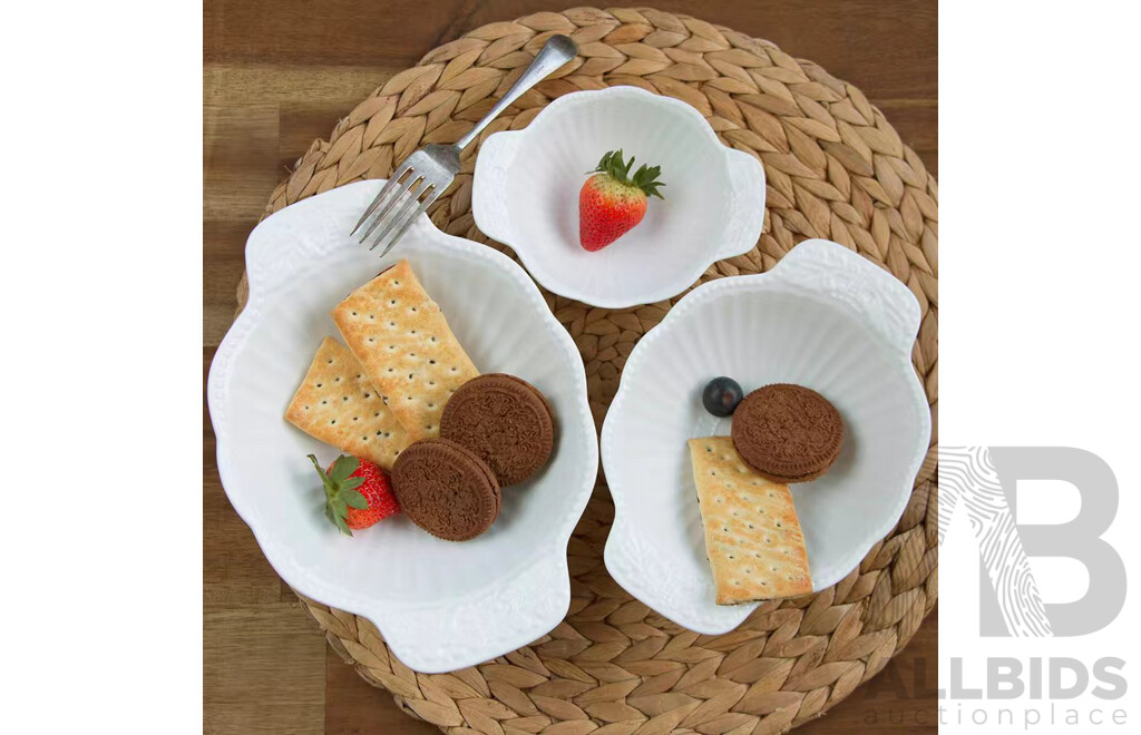 Tropical Leaf 3 Tier Porcelain Cake Stand Serving Plate X3 & White Ornate Embossed Ceramic Dessert Set X8