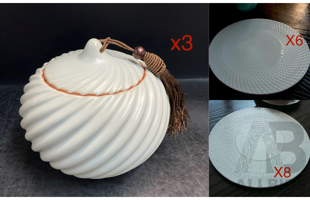 Y! Handmade Ceramic Tea Caddy Canister (white) X3 & LUZERNE Multi-Purpose Serving Plates for Display, Sushi or Food Serving X14 - Lot of 17