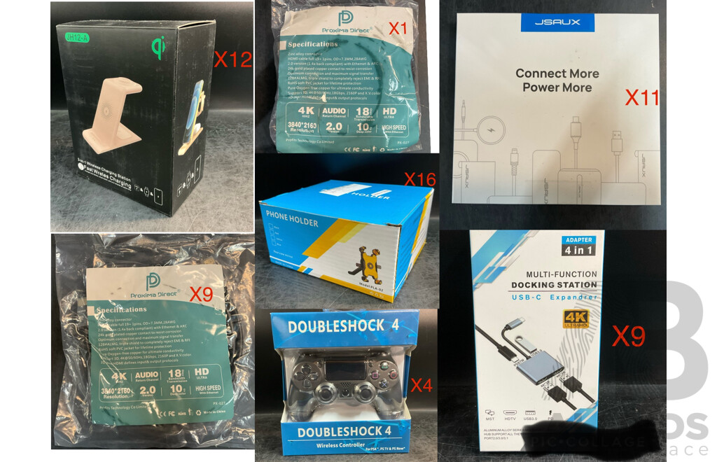 Bulk Lot - 3 In1 Wireless Charing Stations, Doubleshock 4 PS4 Controllers & Bicycle Phone Holders &  Assorted 4K/8K Connection Cables/Decking Station