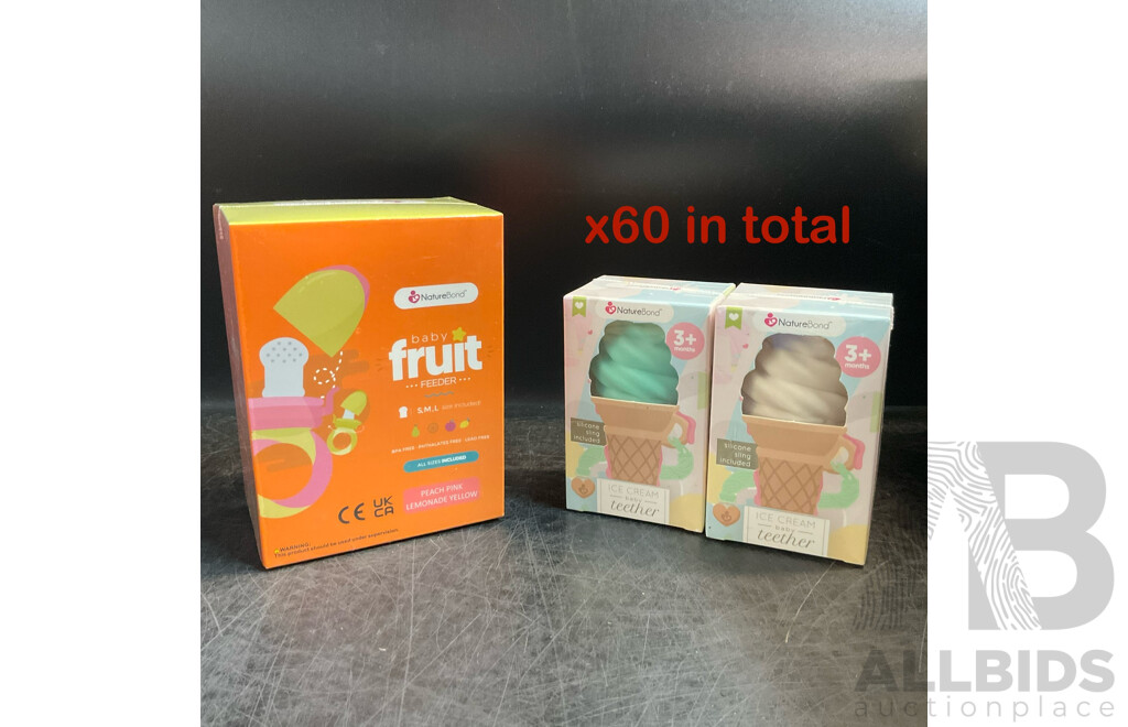 NatureBond Baby Food Feeder/Fruit Feeder Pacifier & Silicone Baby Teether (Green, Vanilla, Chocolate) - Lot of 60  - Estimated Total RRP $1,167