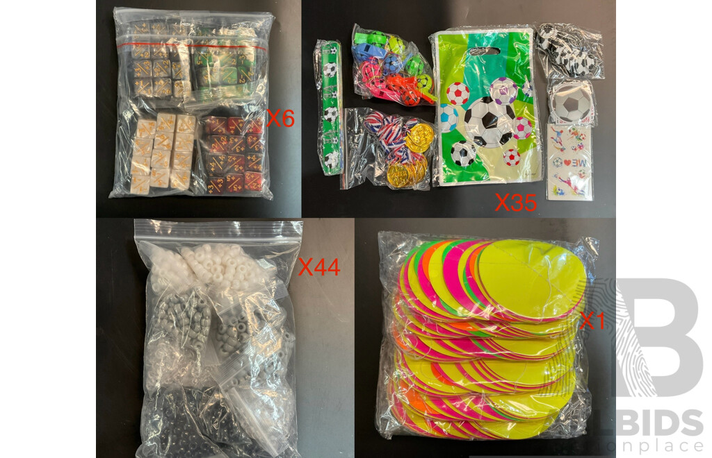 Bulk Lot - Soccer Goody Bag for Birthday or Event & 1200PCS Pony Bead Craft Decorations & 48PCS Gaming Dice & Pack of Round Party Banners
