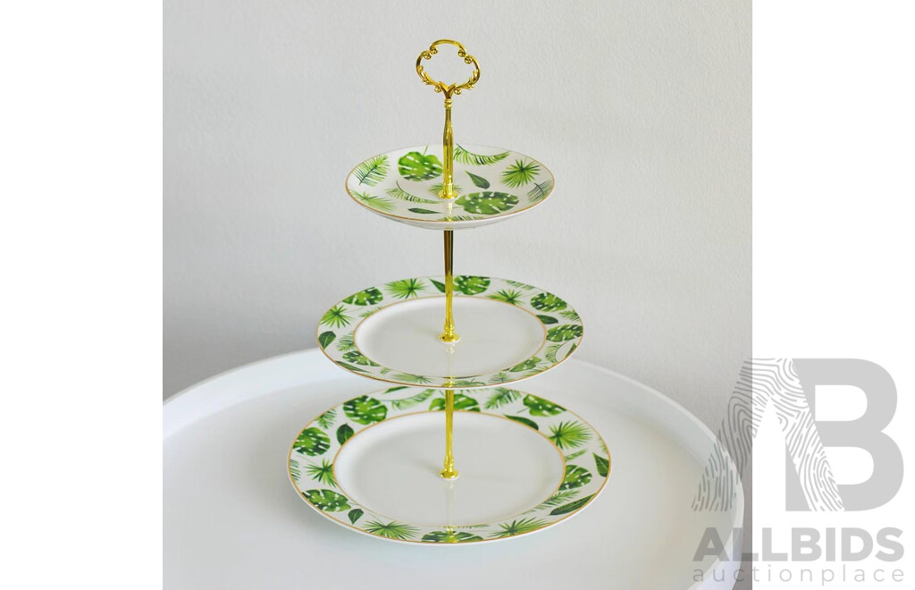 Bulk Lot - Assorted Tableware Included Tropical Leaf 3 Tier Porcelain Cake Stand Serving Plate & 4 Pieces Coffee /Tea Serving Set & White Porcelain Round Plates Double Handled & More