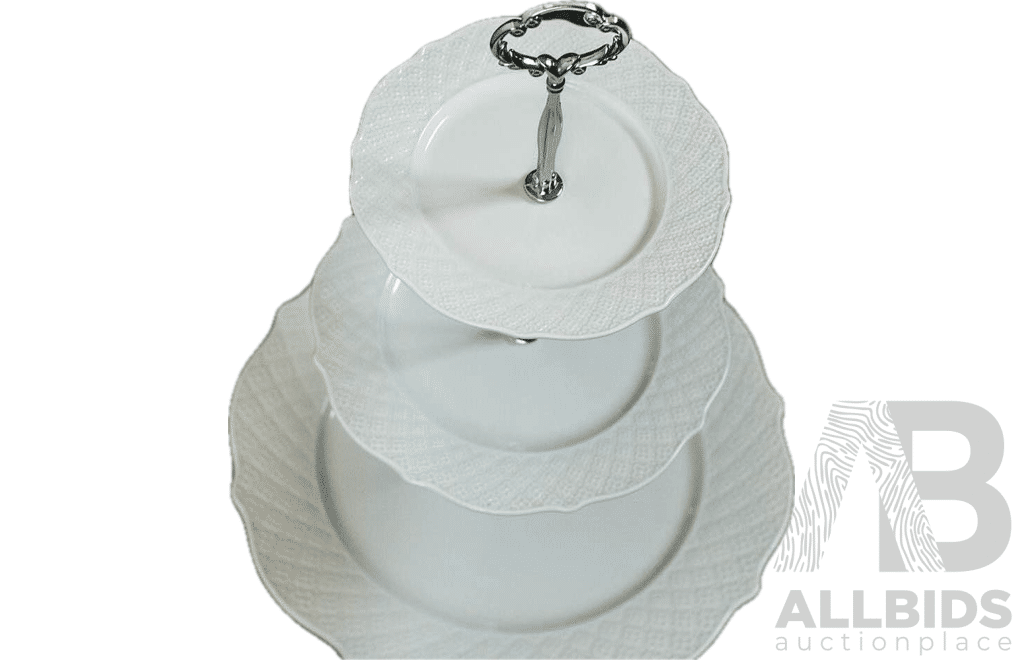 Bulk Lot - Assorted Tableware Included Tropical Leaf 3 Tier Porcelain Cake Stand Serving Plate & 4 Pieces Coffee /Tea Serving Set & White Porcelain Round Plates Double Handled & More