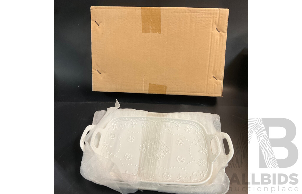 Bulk Lot - Assorted Tableware Included Tropical Leaf 3 Tier Porcelain Cake Stand Serving Plate & 4 Pieces Coffee /Tea Serving Set & White Porcelain Round Plates Double Handled & More