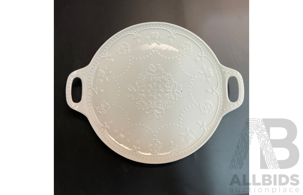 Bulk Lot - Assorted Tableware Included Tropical Leaf 3 Tier Porcelain Cake Stand Serving Plate & 4 Pieces Coffee /Tea Serving Set & White Porcelain Round Plates Double Handled & More