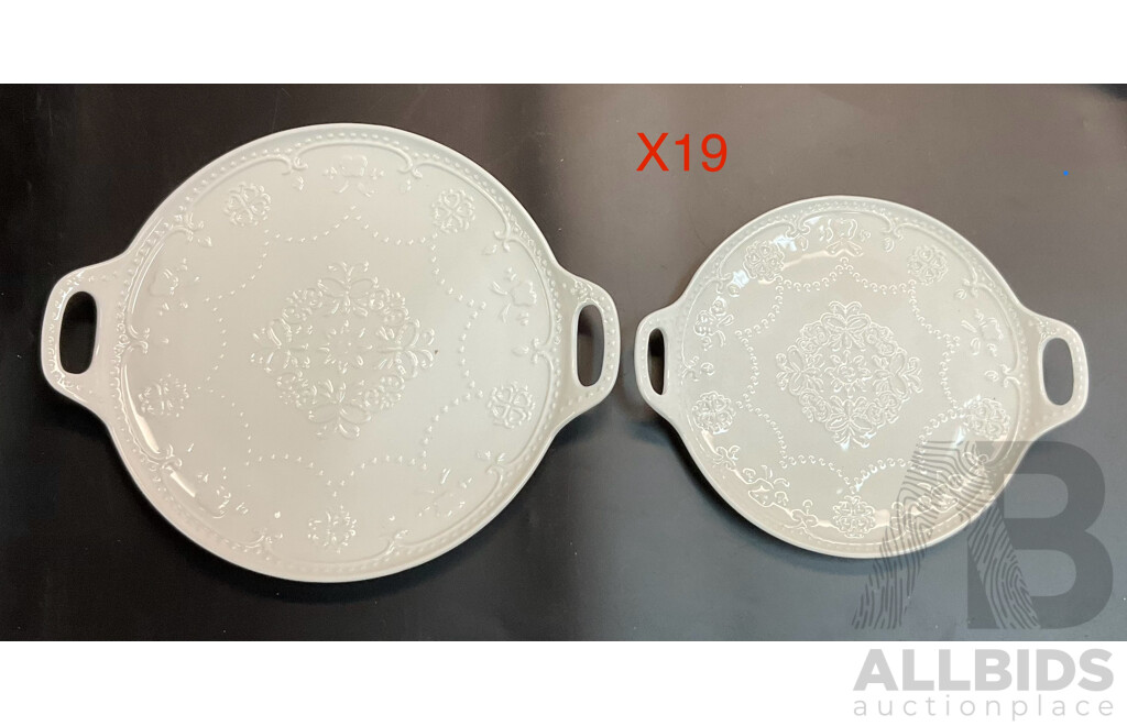 White Porcelain Round Plates Double Handled Set - Lot of 19