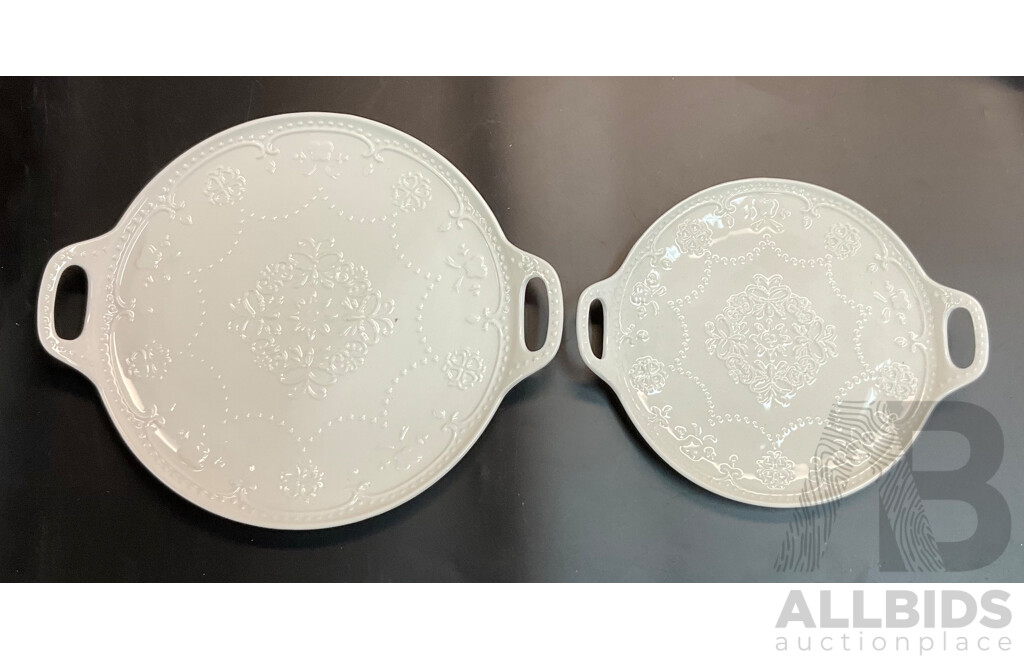 White Porcelain Round Plates Double Handled Set - Lot of 19