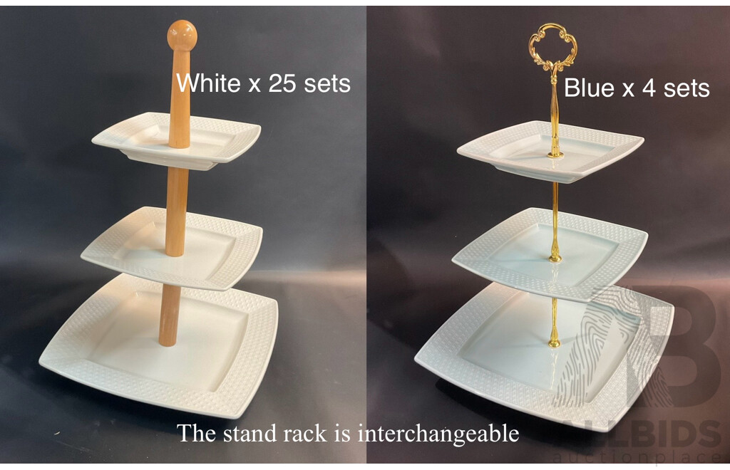 Square 3 Tiered Cake Stand for Birthday, Wedding, Party, High Tea or Other Occasion (White & Blue Set) with 2 Different Stand Racks