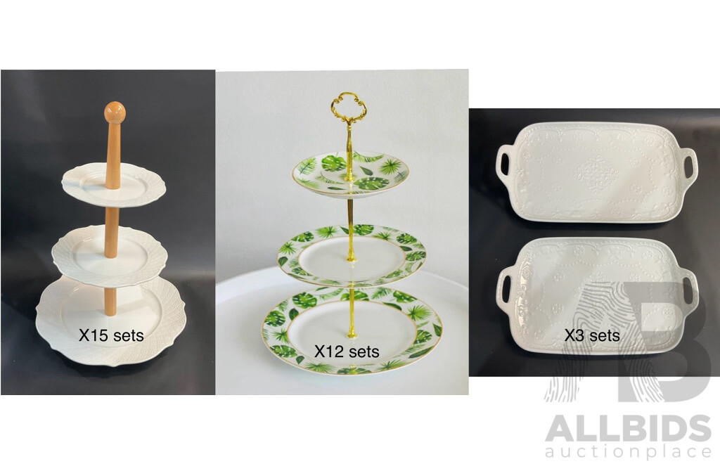 Tropical Leaf & White 3 Tier Cake Stand for Birthday, Wedding, Party, High Tea or Other Occasion with 2 Different Stand Racks with 3 Sets of Serving Plates