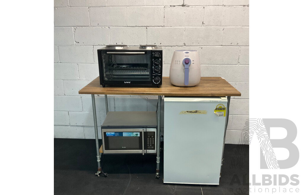 Custom Work Bench with Lumina 34L Rotisserie Oven & Breville BM0300 Microwave & Philips HD9220 Airfryer &Westinghouse 140 Fridge
