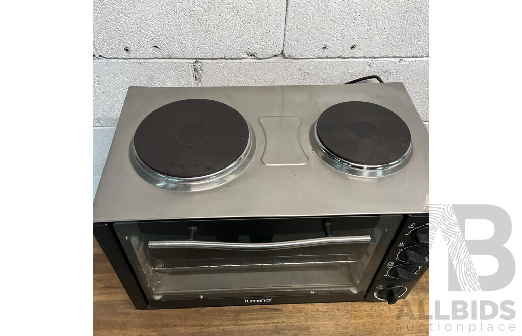 Custom Work Bench with Lumina 34L Rotisserie Oven & Breville BM0300 Microwave & Philips HD9220 Airfryer &Westinghouse 140 Fridge