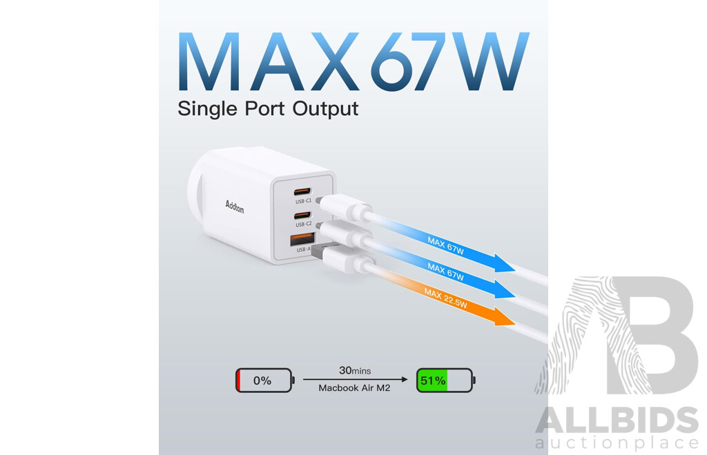 Mixed Lot - Addtam 100W Desktop GaN Charger &  67W Multi Port GaN Charger & 47W Mini Type-C Charger/ Adaptor - Lot of 25