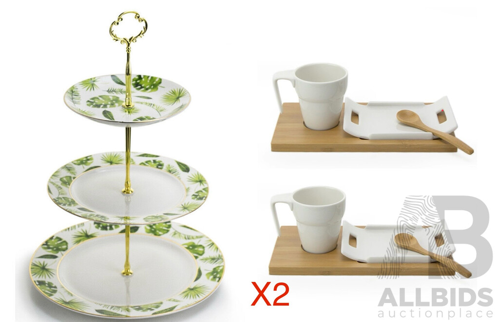 Tropical Leaf 3 Tier Porcelain Cake Stand Serving Plate X2 & 4 Pieces Coffee /Tea Serving Set X4 - Lot of 6