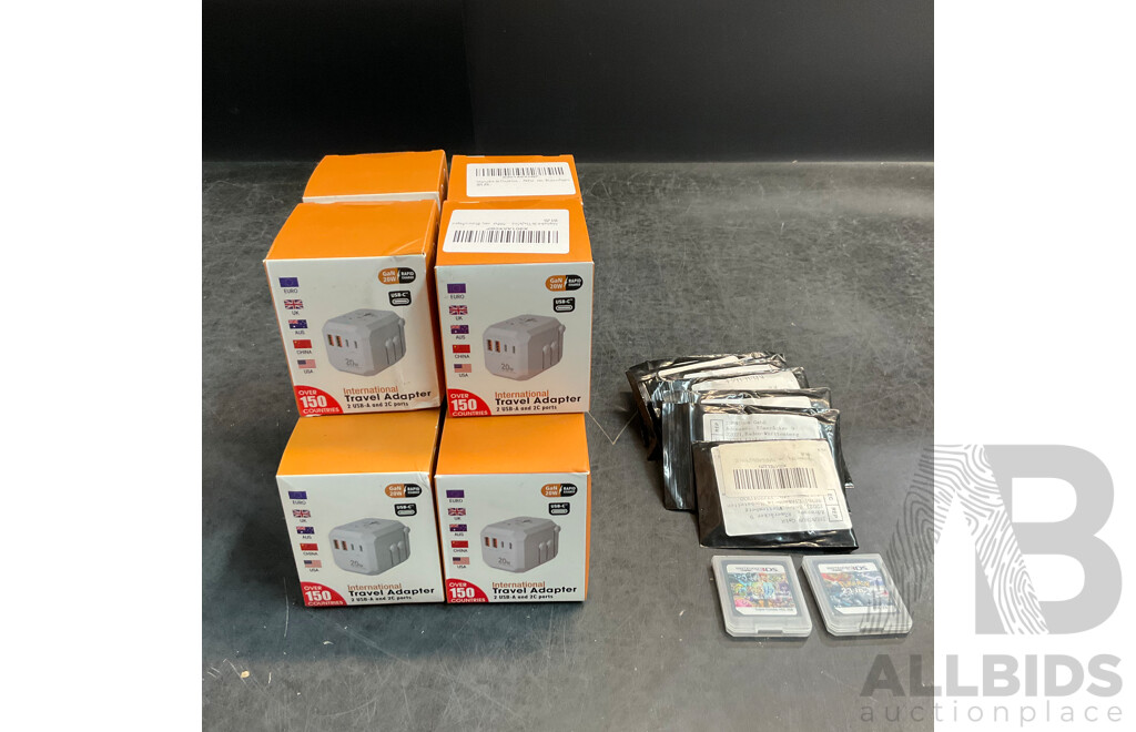 5x Pokemon 23 in 1 & Super Cobo 208 in 1 Game Card for Nintendo 3DS & 10x International Travel Adapter - Lot of 20