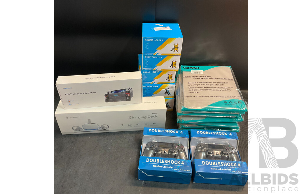 Mixed Lot - ZYBER Charging Dock & RGB Transparent Back Plate & Doubleshock4 Wireless Controller for PS4 & Phone Holder & Plastic Hard Shell Case for APPLE Air 13