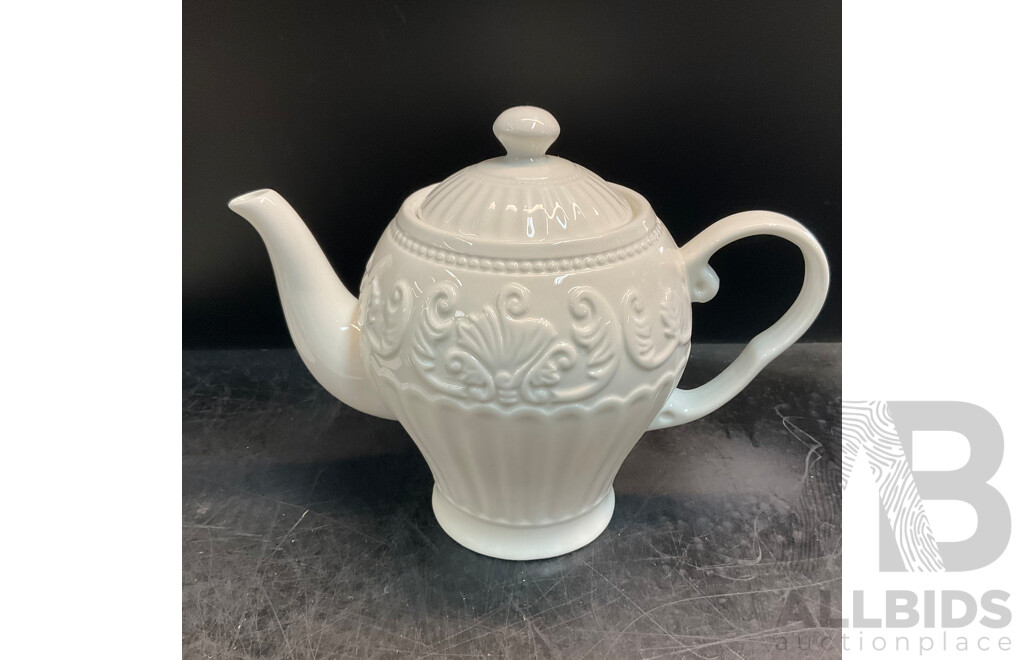 White Ornate Embossed Ceramic Teapot X3 & Y! Handmade Ceramic Tea Caddy Canister (Green) X5 (White) X1 - Lot of 9