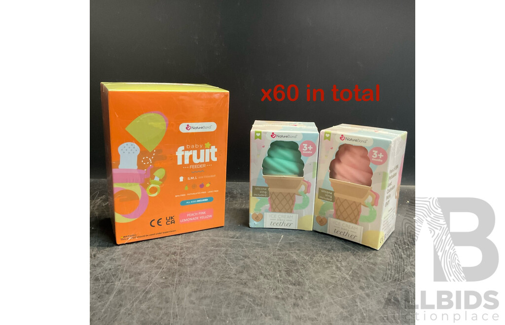 NatureBond Baby Food Feeder/Fruit Feeder Pacifier & Silicone Baby Teether - Assorted Colours - Lot of 60 - Estimated Total RRP $1,167