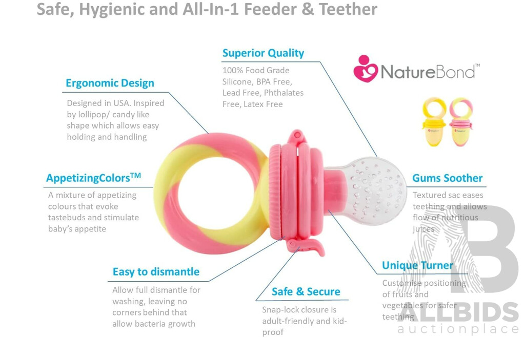NatureBond Baby Food Feeder/Fruit Feeder Pacifier & Silicone Baby Teether ( Green & Vanilla) - Lot of 60  - Estimated Total RRP $1,167