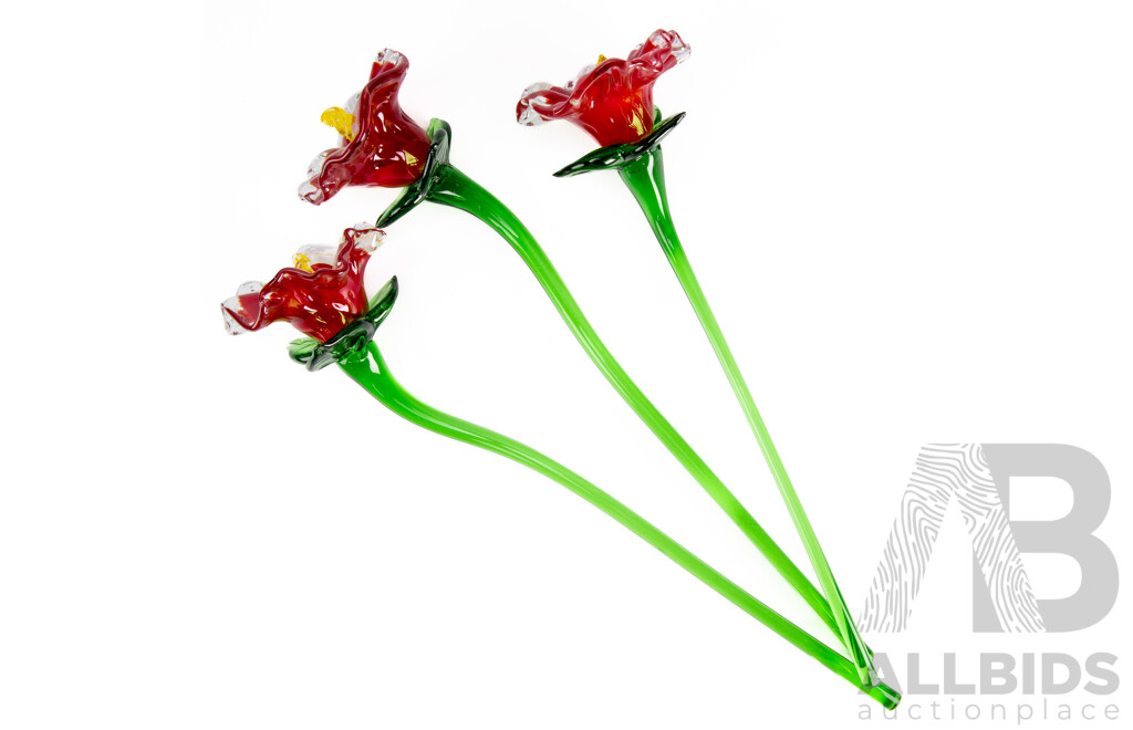 Set Three Hand Made Art Glass Roses