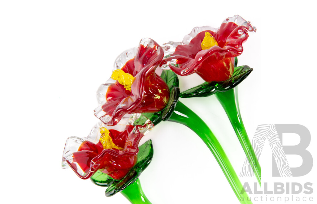 Set Three Hand Made Art Glass Roses