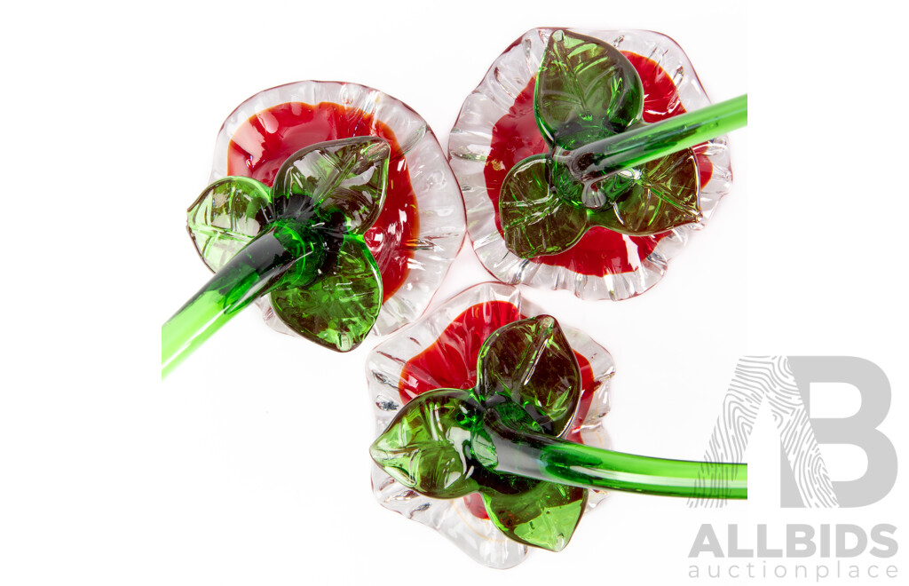 Set Three Hand Made Art Glass Roses