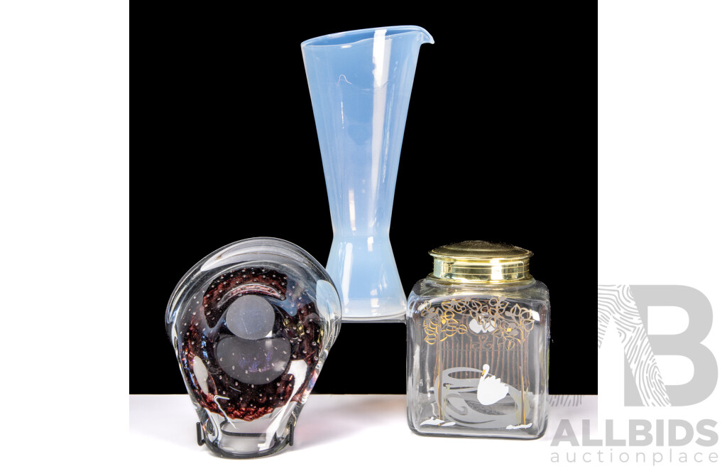 Collection Mid Century Glassware Comprising Holmegaard Iridescent Vase, Lidded Canister and Murano Style Art Glass Dish with Controlled Bubble Feature