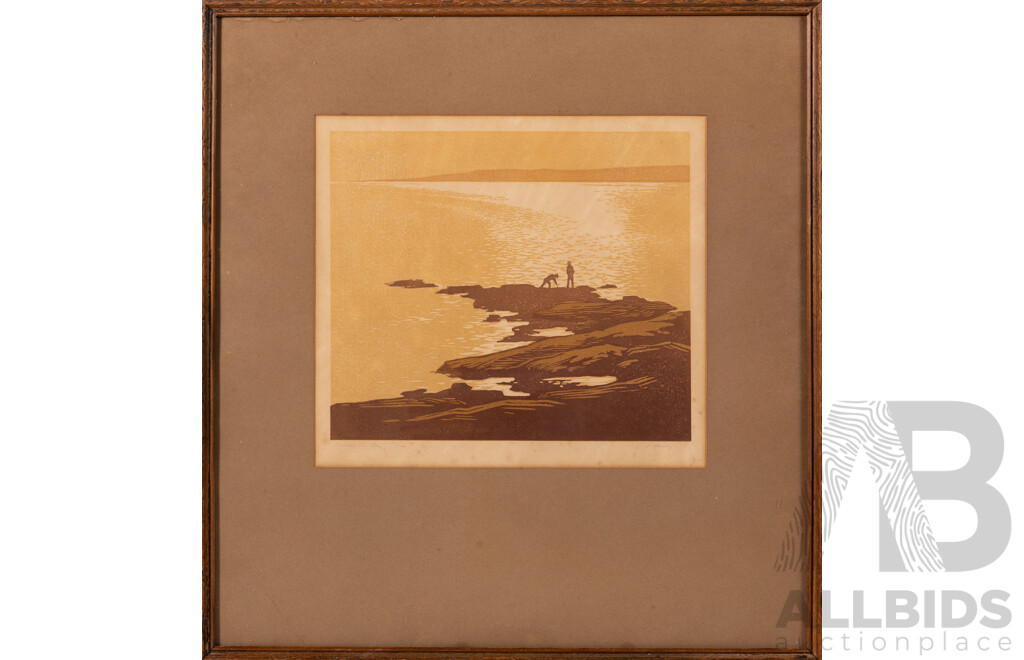 R(obert) L(eslie) Howey, (20th Century, British, 1900-1981), Across the Bay, Editioned & Signed Original Vintage Colour Woodcut, 42 x 39 cm (frame Approx)