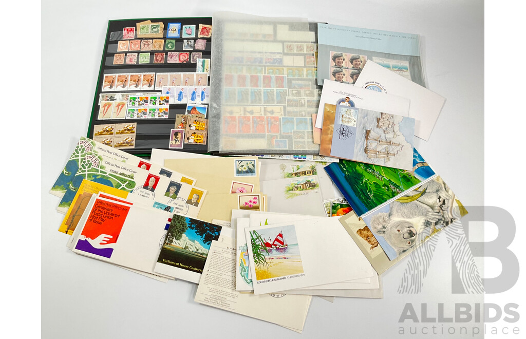Collection of Australian Mostly Mint Stamps, Strips and Blocks, First Day Covers and Stamp Packs Including Colonial NSW, QLD, SA, VIC, Sets, ABC 50th Anniversary Sheet