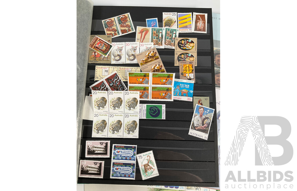 Collection of Australian Mostly Mint Stamps, Strips and Blocks, First Day Covers and Stamp Packs Including Colonial NSW, QLD, SA, VIC, Sets, ABC 50th Anniversary Sheet