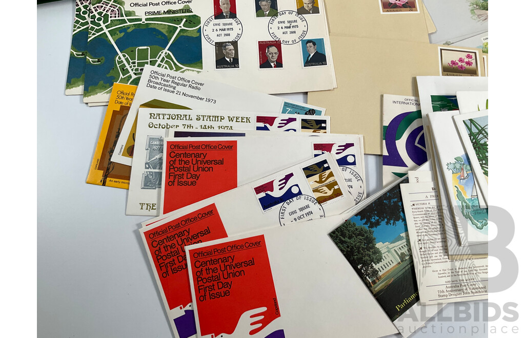 Collection of Australian Mostly Mint Stamps, Strips and Blocks, First Day Covers and Stamp Packs Including Colonial NSW, QLD, SA, VIC, Sets, ABC 50th Anniversary Sheet