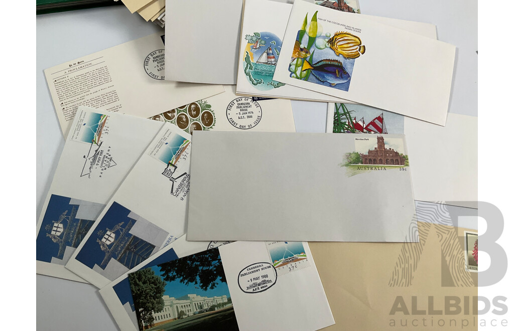 Collection of Australian Mostly Mint Stamps, Strips and Blocks, First Day Covers and Stamp Packs Including Colonial NSW, QLD, SA, VIC, Sets, ABC 50th Anniversary Sheet
