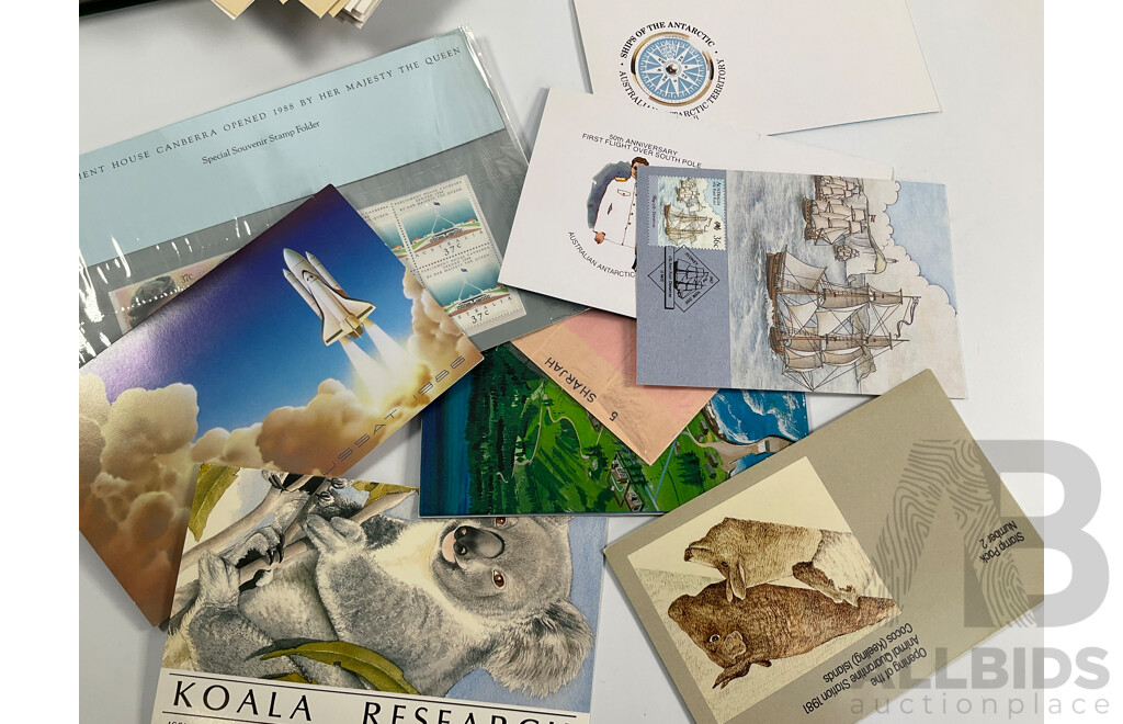 Collection of Australian Mostly Mint Stamps, Strips and Blocks, First Day Covers and Stamp Packs Including Colonial NSW, QLD, SA, VIC, Sets, ABC 50th Anniversary Sheet