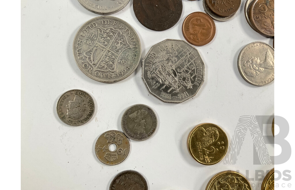 Collection of International Coins Including Silver United Kingdom Half Crown, Italy 1863 Fifty Cents, Australian Two Dollar Coins(5) One Dollar Coins(8) PNG, Switzerland, Netherlands and More