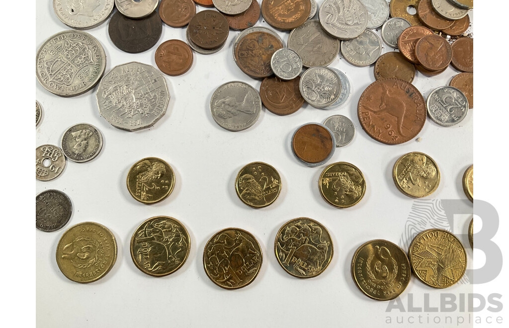 Collection of International Coins Including Silver United Kingdom Half Crown, Italy 1863 Fifty Cents, Australian Two Dollar Coins(5) One Dollar Coins(8) PNG, Switzerland, Netherlands and More
