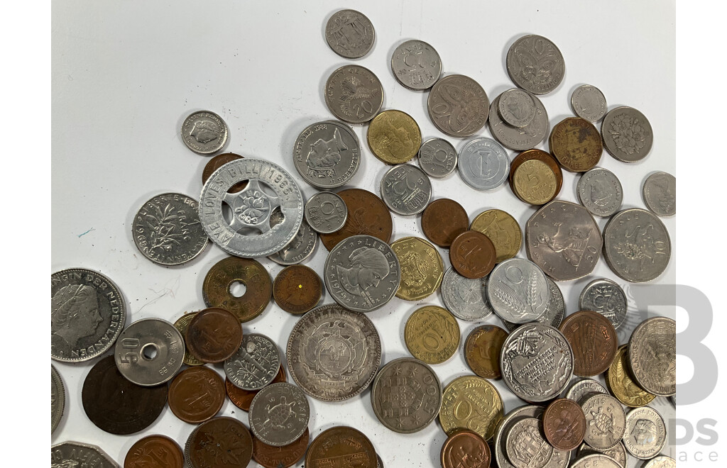 Collection of International Coins Including Silver United Kingdom Half Crown, Italy 1863 Fifty Cents, Australian Two Dollar Coins(5) One Dollar Coins(8) PNG, Switzerland, Netherlands and More