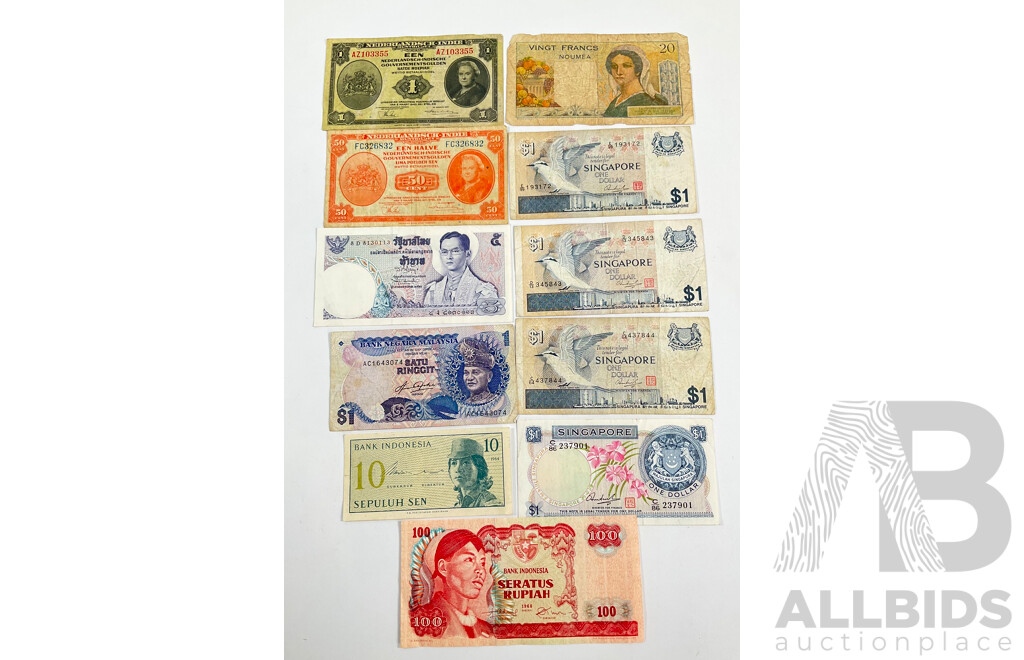 Collection of Vintage Banknotes Including Netherland Indies 1943 Fifty Cents and One Gulden, Noumea, Singapore, Malaysia, Indonesia