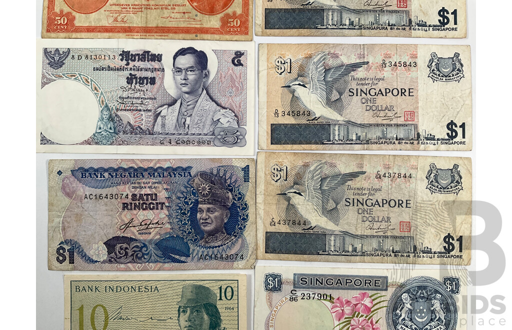 Collection of Vintage Banknotes Including Netherland Indies 1943 Fifty Cents and One Gulden, Noumea, Singapore, Malaysia, Indonesia