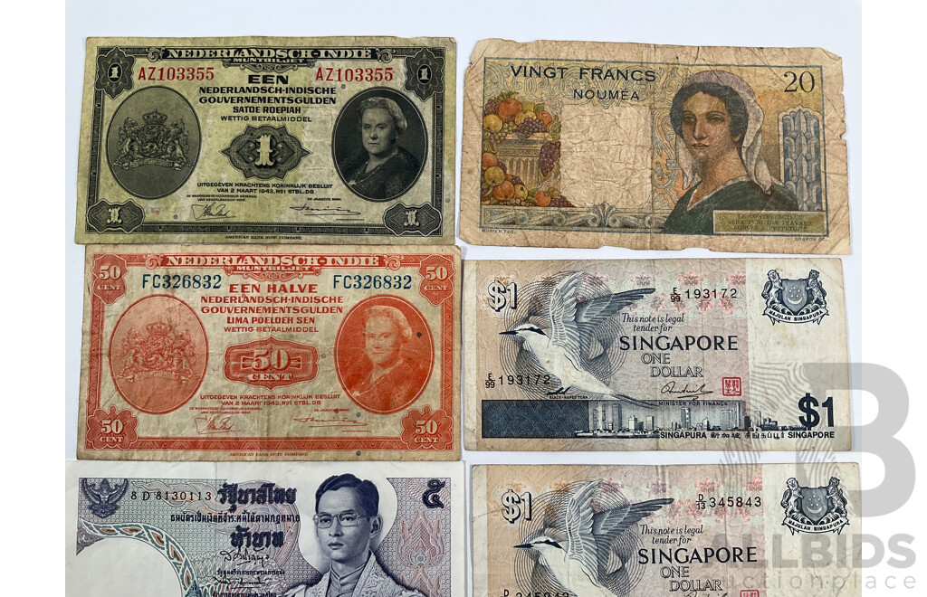 Collection of Vintage Banknotes Including Netherland Indies 1943 Fifty Cents and One Gulden, Noumea, Singapore, Malaysia, Indonesia
