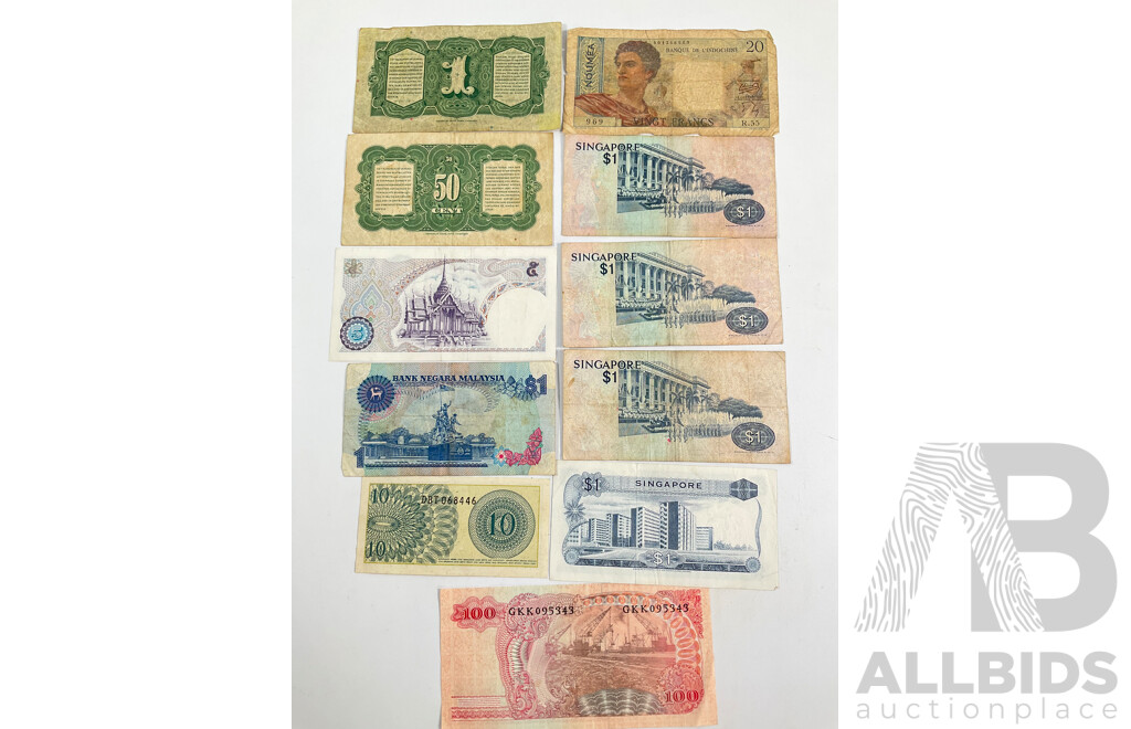 Collection of Vintage Banknotes Including Netherland Indies 1943 Fifty Cents and One Gulden, Noumea, Singapore, Malaysia, Indonesia
