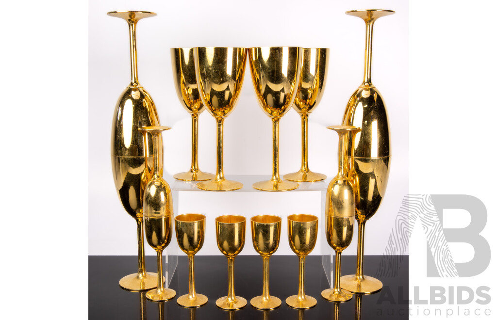 Retro Set Eight Tall & Eight Shorter Pewter 9Ct Electro Gold Plated Goblets, Thailand