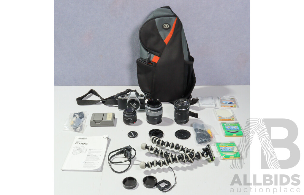 Collection Camera Equipment Including Olympus OM D Camera, Sony SAL 1855 Lens, Two Olympus Digital Lenses and More