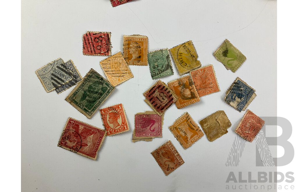 Collection of Australian Pre-Federation Stamps Including Victoria, New South Wales, South Australia, Queensland, Tasmania, Postage Due, Hand Cancels with 1989 Misprints, Vintage Albums of International Stamps